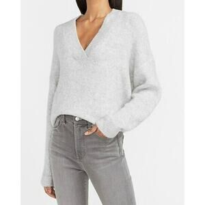 Express Womens Metallic Slouchy V-Neck Pullover Sweater Gray Marled Size L